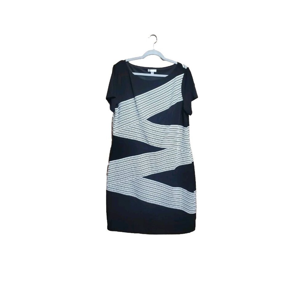 London Times 16W Dress Black White Short Sleeve Lined Stretch Knee Length